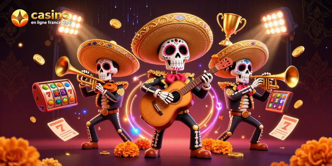 Jouez au casino en ligne France légal avec une illustration de mariachi squelettes et machines à sous colorées.