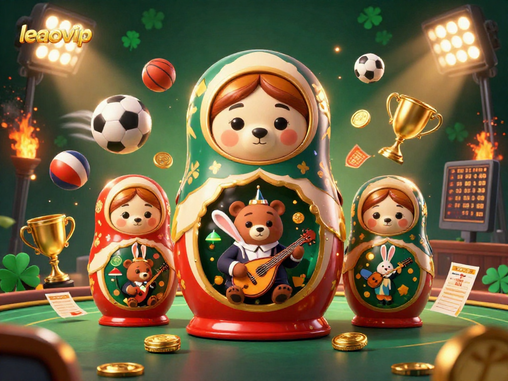 Permainan menarik di leaovip dengan berbagai elemen kasino dan karakter beruang Matryoshka.