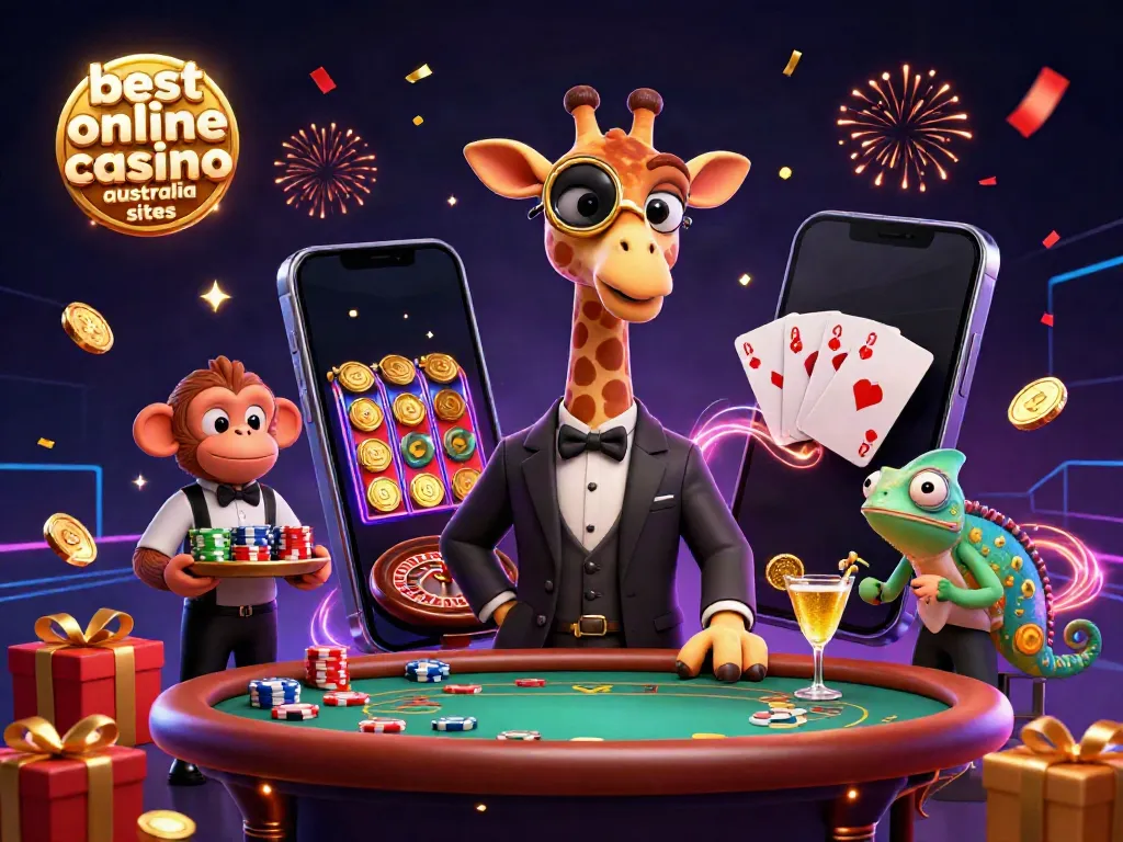 Celebrate victories at the best online casino Australia sites with a vibrant 3D cartoon scene of gambling characters.