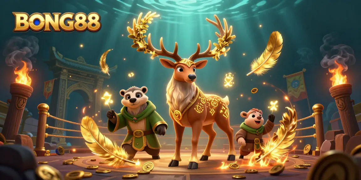 BONG88 evokes excitement with a 3D illustration of a Celtic druid stag and badger in a casino-themed scene.