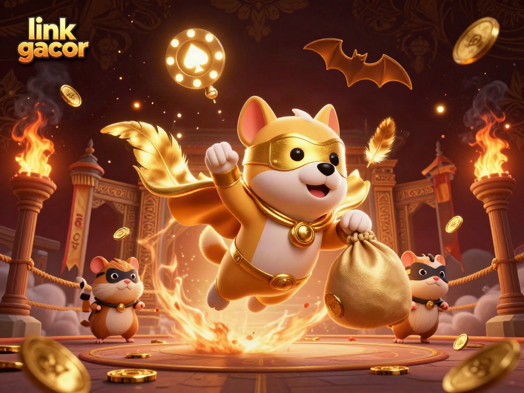 Experience the thrill of link gacor as the heroic dog soars with golden coins amidst casino excitement.