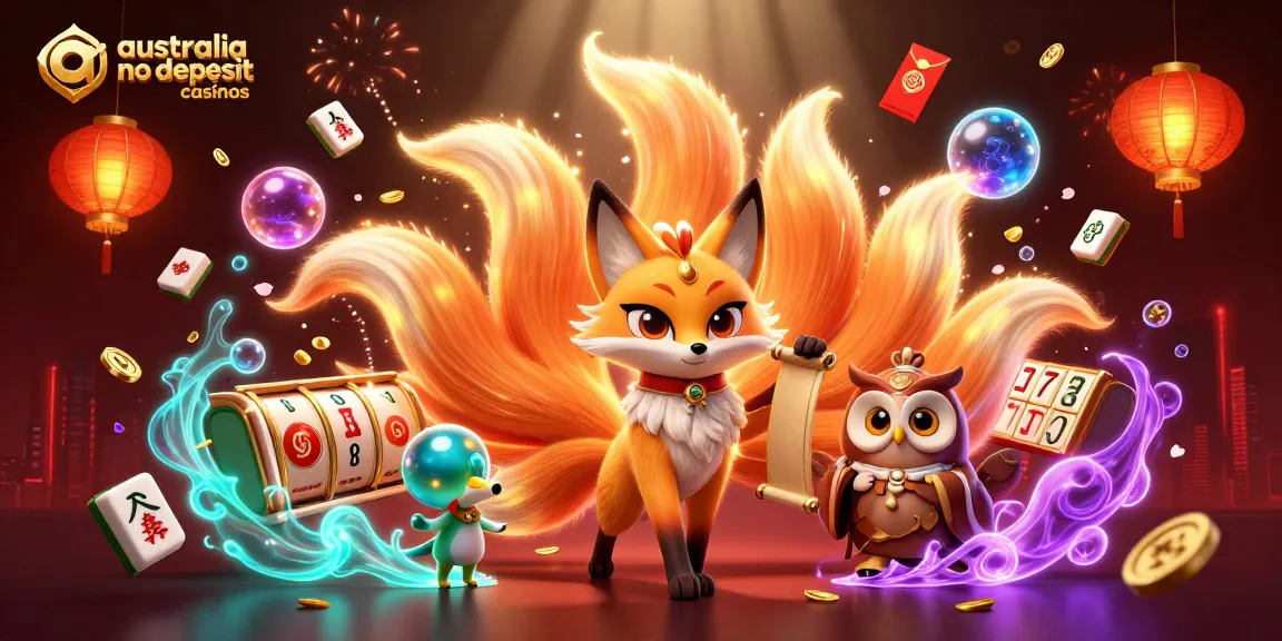 Experience the magic at australia no deposit casinos with vibrant illustrations of winning symbols and 3D animated characters.