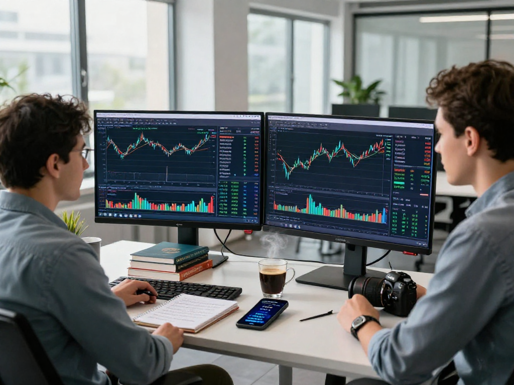使用TradingView进行市场分析的交易者专注于实时图表，展现现代交易室的活力与专业氛围。