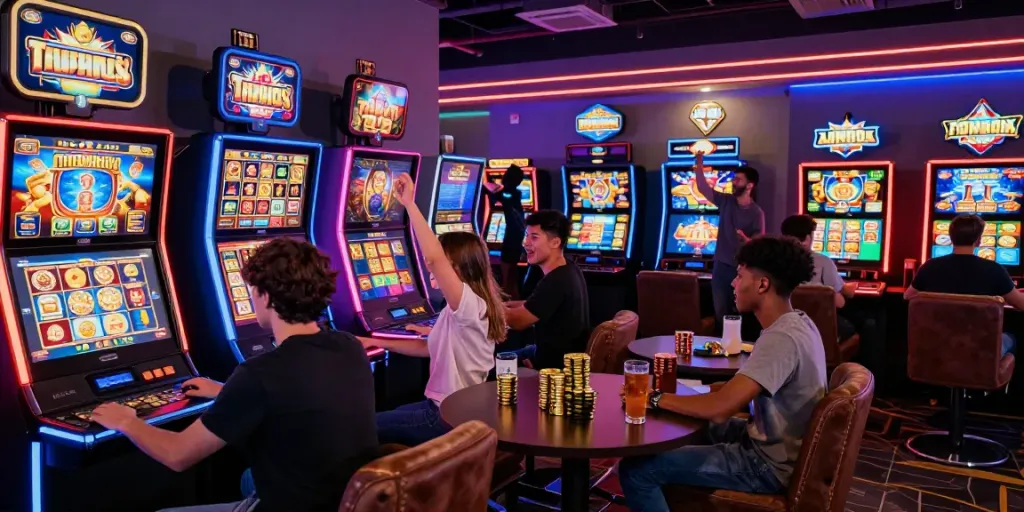 Excited gamers at situs slot gacor gaming lounge celebrating a jackpot win.