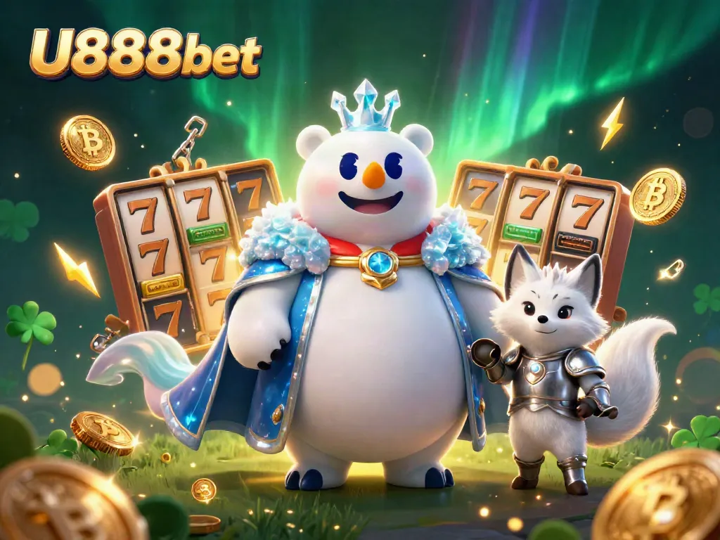 Engage with U888bet's exciting casino experience featuring a polar bear and snow fox with vibrant slot elements.