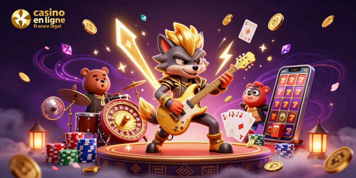 Illustration dynamique de casino en ligne France légal montrant un loup rock star et un ours musicien sur scène avec des éléments de jeu
