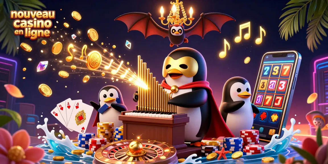 Découvrez l'univers du nouveau casino en ligne avec une scène animée et festive, remplie de jeux et d'éléments captivants.