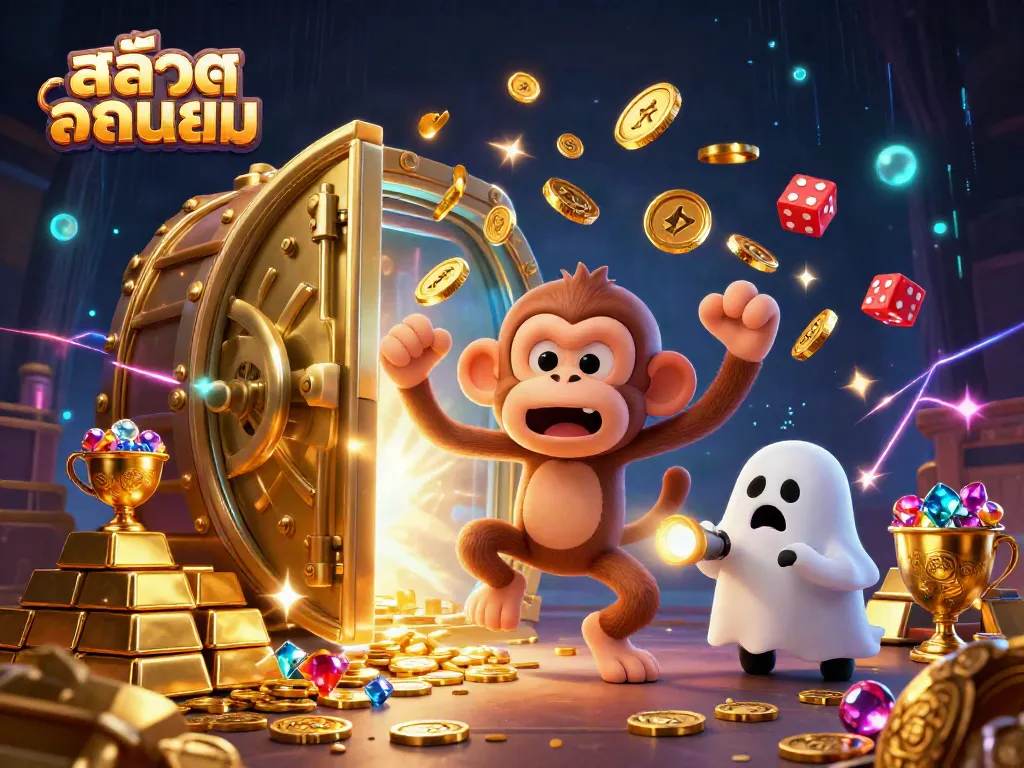 Experience สล็อตยอดนิยม in an enchanting casino scene with a playful monkey and curious puppy.