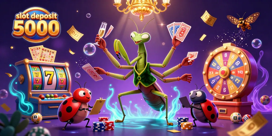 Engage with slot deposit 5000 games in a vibrant casino scene featuring whimsical characters and dynamic elements.