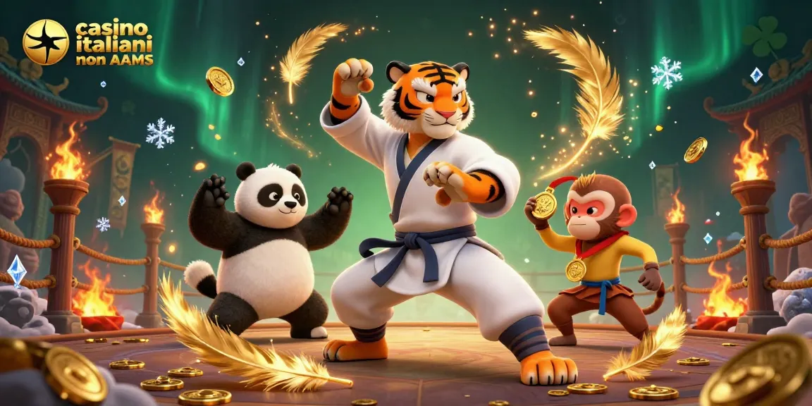 Giocando nei casinò italiani non AAMS, una tigre maestra kung fu e allievi si sfidano in un ambiente vivace.