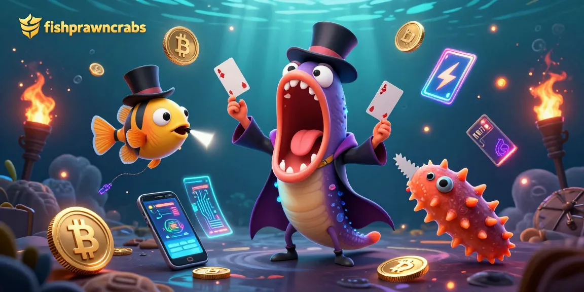 Engage with the fishprawncrabs magic act featuring stunning 3D characters and cryptocurrency elements.