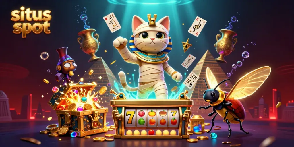 Ilustrasi 3D karakter kucing mummy di kasino dengan elemen permainan slot untuk situs slot.