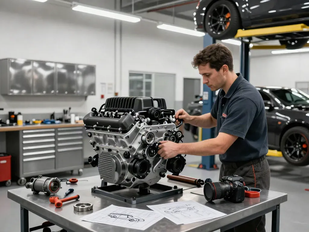 High-performance Hellcat engine for sale displayed in a professional garage, showcasing detailed automotive engineering.