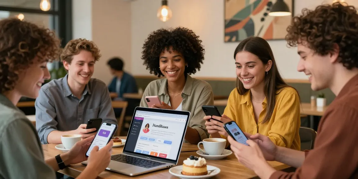 Engaging dating scene with singles using the HundRoses app, enjoying warm café atmosphere and smiling connections, making dating fun.