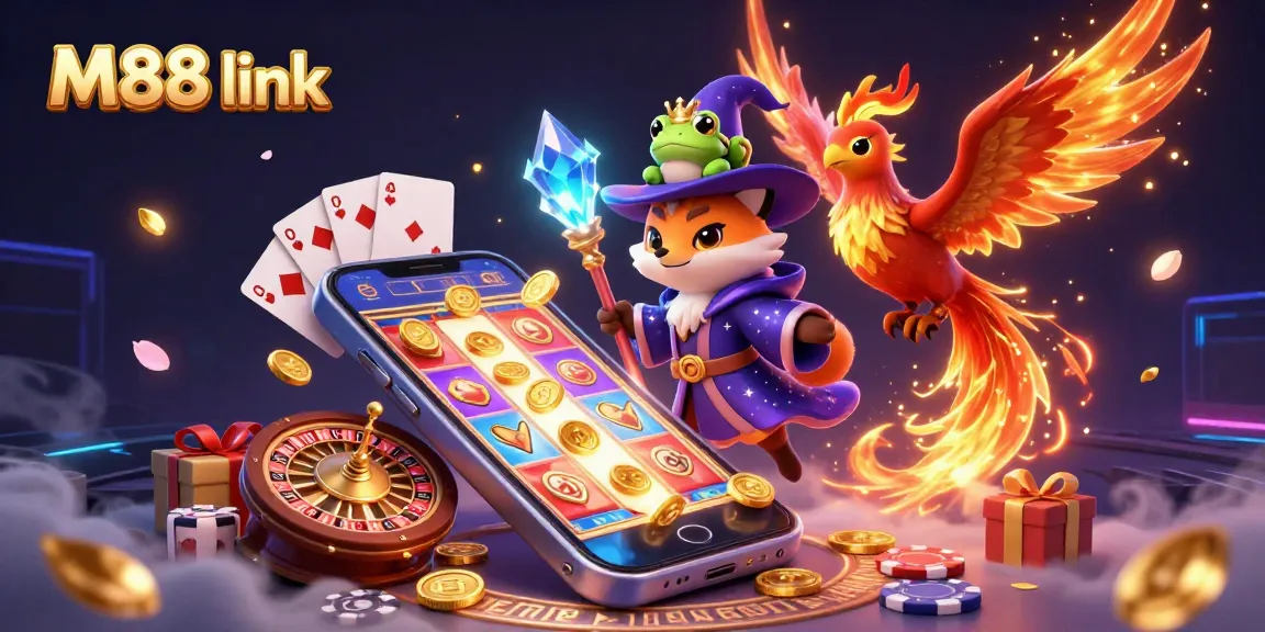 Experience the thrill with M88 link, featuring a wizard fox and phoenix amidst colorful casino games.
