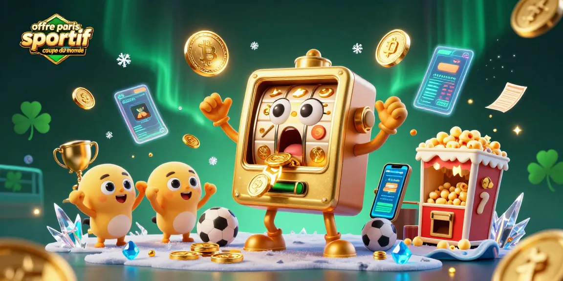 Offre paris sportif coupe du monde : une machine à sous dorée et enthousiaste entourée de sportifs et de trophées, créant l'excitation.