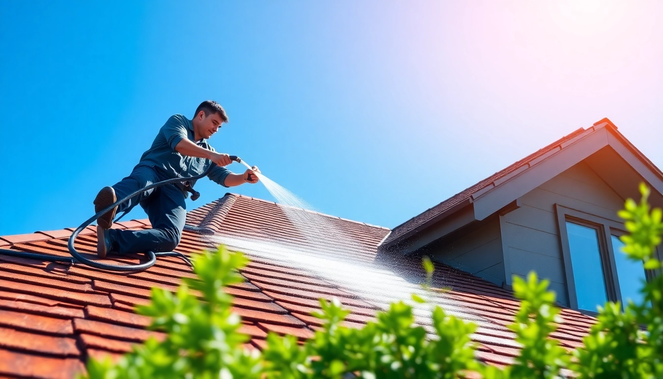 Roof Cleaning technician professionally cleaning a residential roof with a soft wash method.