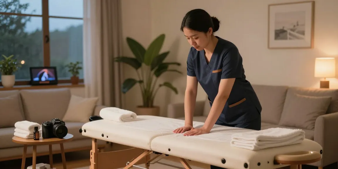 Relaxing 성남출장마사지 scene with a professional therapist preparing a cozy living room for a calming session.
