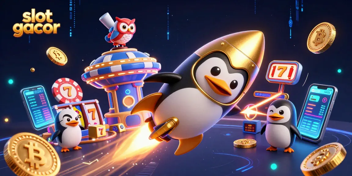 Experience thrilling slot gacor action with a golden penguin soaring toward a poker chip casino.