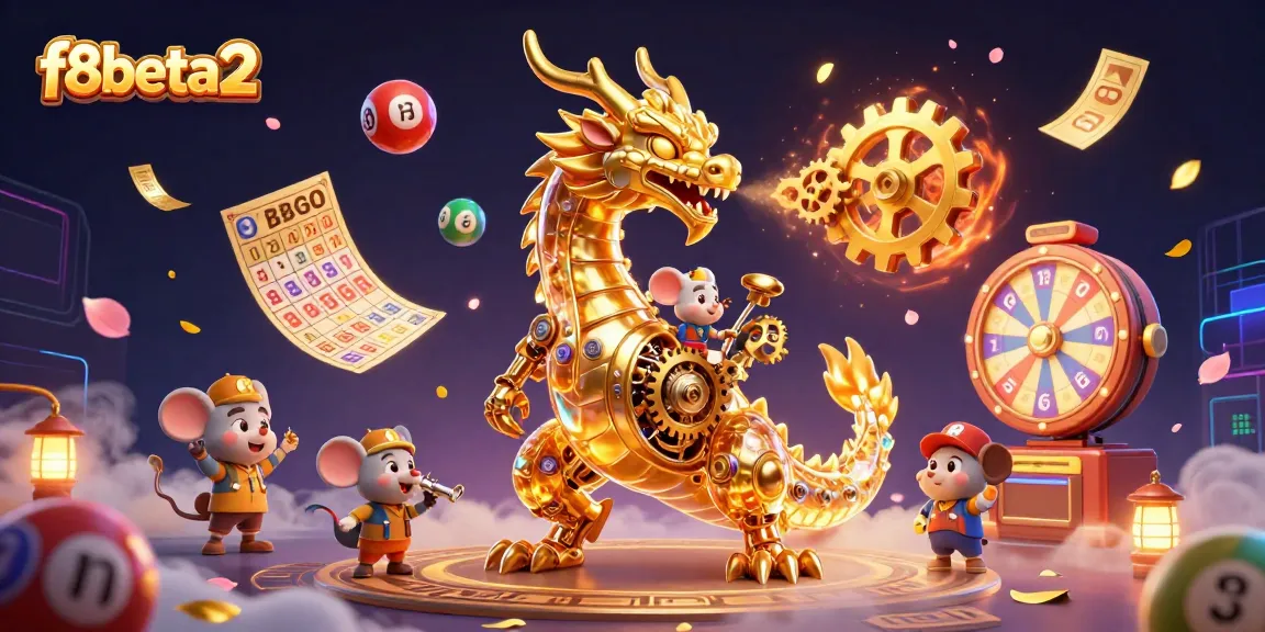 Engage with the f8beta2 golden dragon illustration amidst colorful lottery elements and vibrant casino energy.
