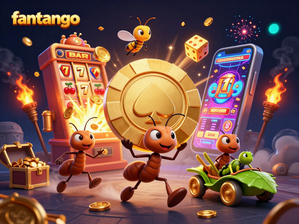 Experience the thrill of fantango as ants stage a heist, surrounded by dazzling casino symbols.