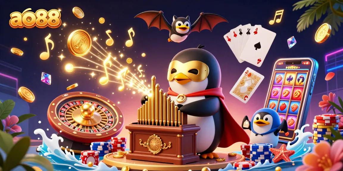 Engaging ao88 casino scene with animated penguin playing organ, gold coins cascading, offering excitement and wins.