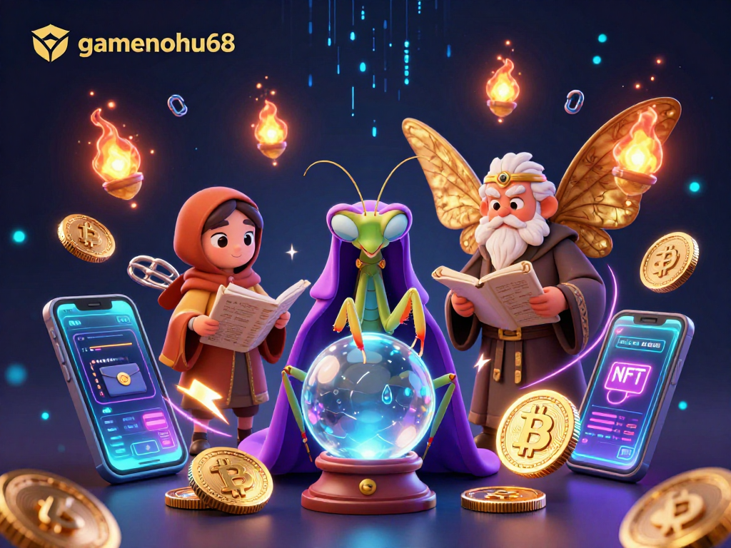 Engage with gamenohu68 through a magical casino scene filled with vibrant crypto elements.