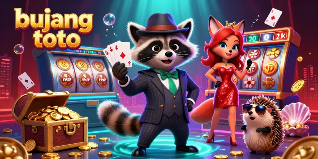 Bujang toto animated scene featuring a raccoon, fox, and hedgehog around vibrant slot reels and jackpot counters.