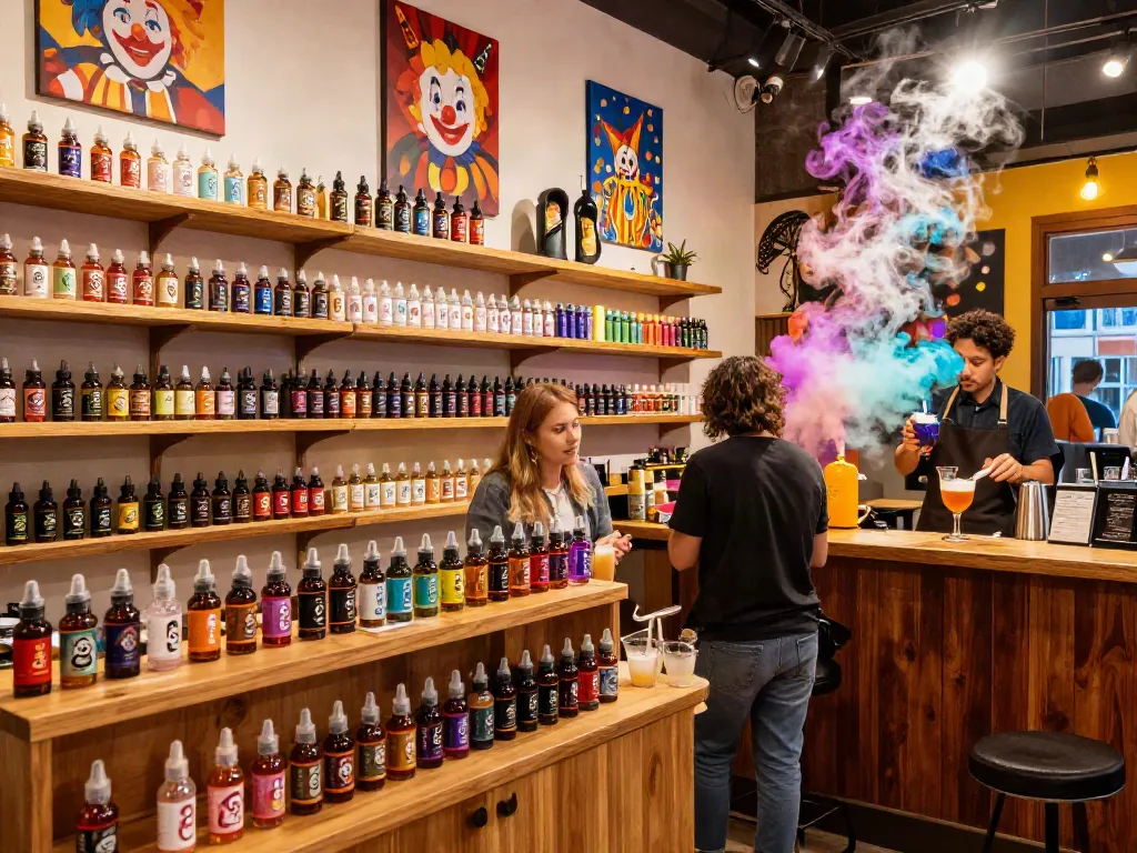 Clown e liquid bottles displayed in a vibrant vape shop, inviting atmosphere.