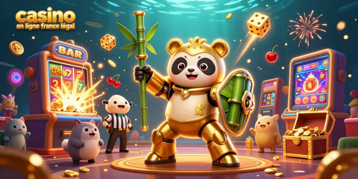 Illustration dynamique de casino en ligne France légal avec un panda en armure dans un robot, entouré de machines à sous et de récompenses.
