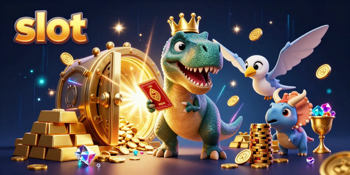 Spin the slot reels with a T-Rex, pterodactyl, and triceratops in this vibrant casino scene.