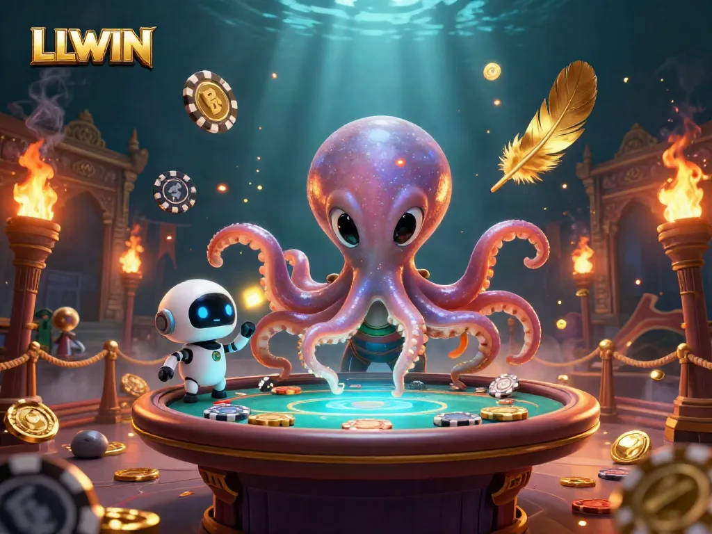 LLWIN showcases a vibrant casino scene with a cartoon octopus and robot, adding excitement to gaming.