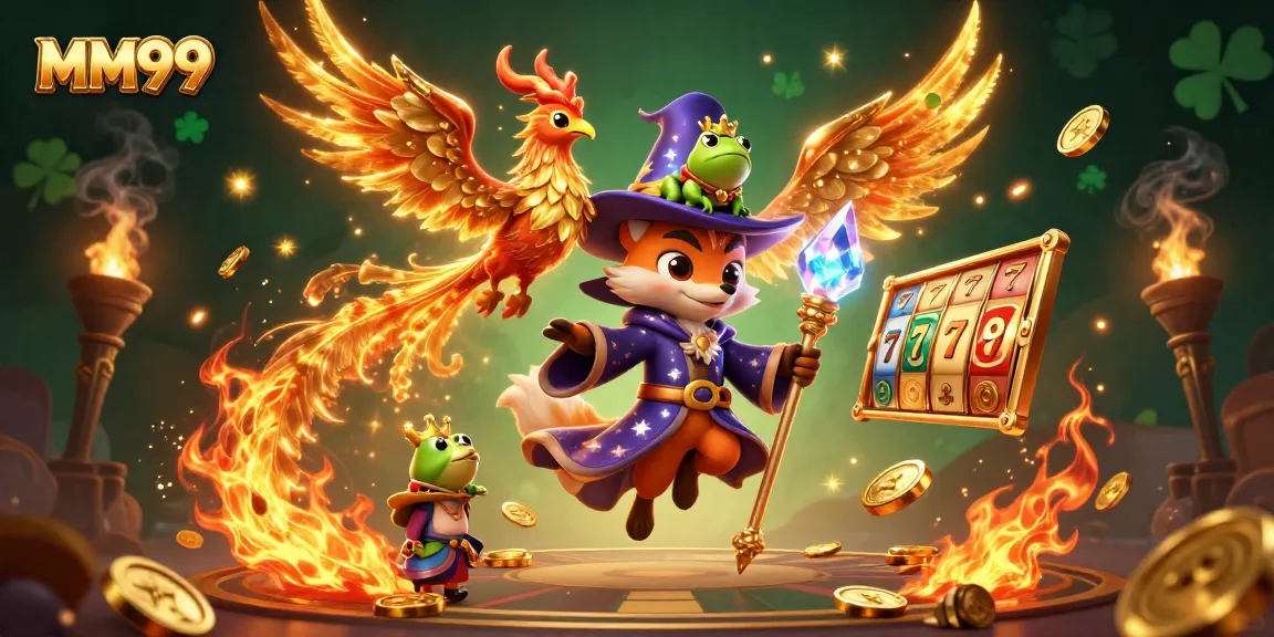 Spin jackpots with MM99 in a magical casino scene featuring a wizard fox and phoenix