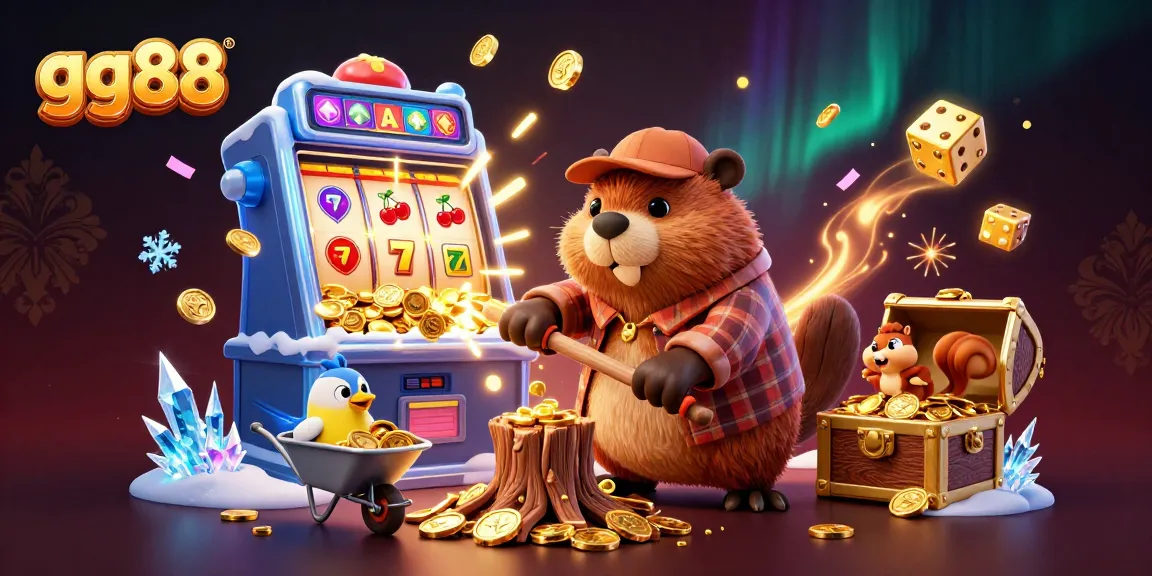 gg88 engages gamblers with a colorful scene of a beaver and friends amidst overflowing casino winnings.