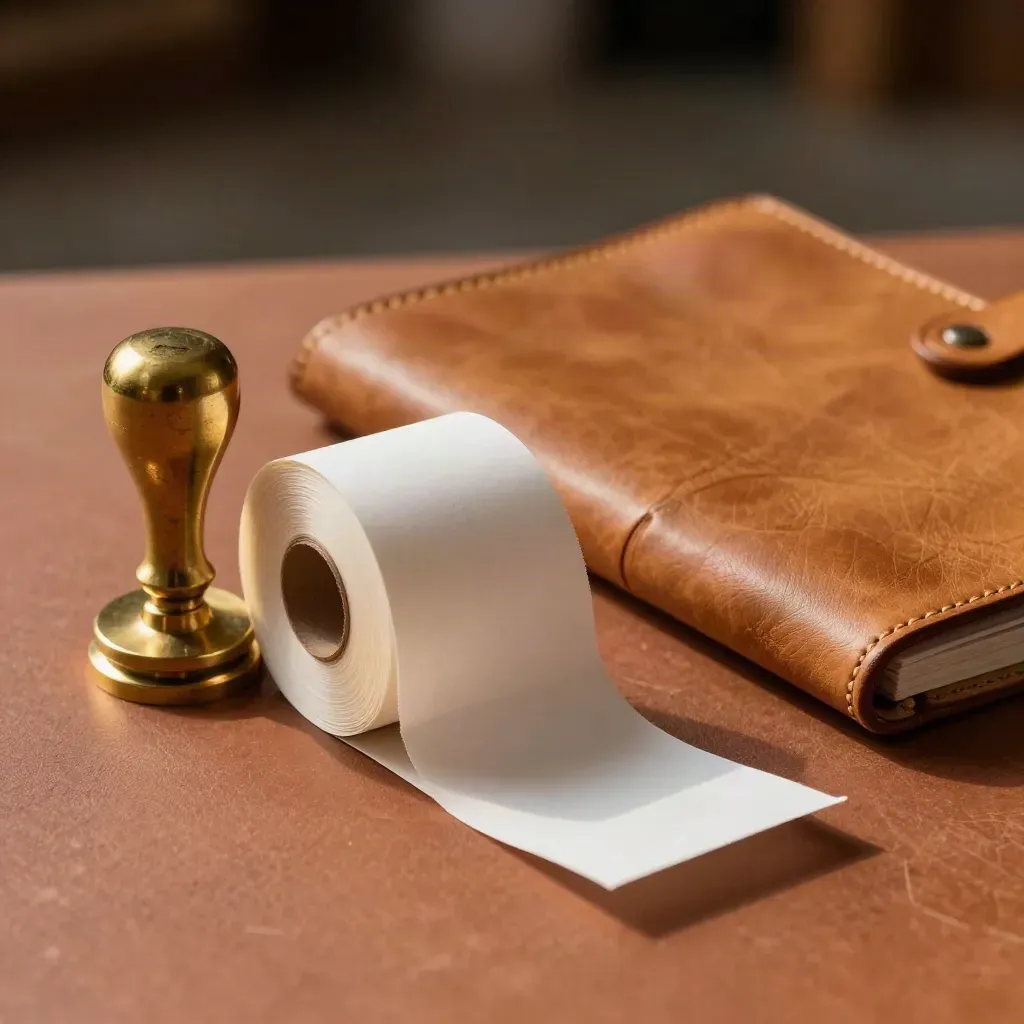 Brass stamp, receipt roll, and folded ledger cover on terracotta clay under warm light.