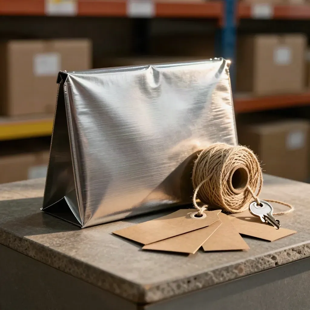 Metal parcel seal, twine spool, and kraft tags on a dark warehouse surface