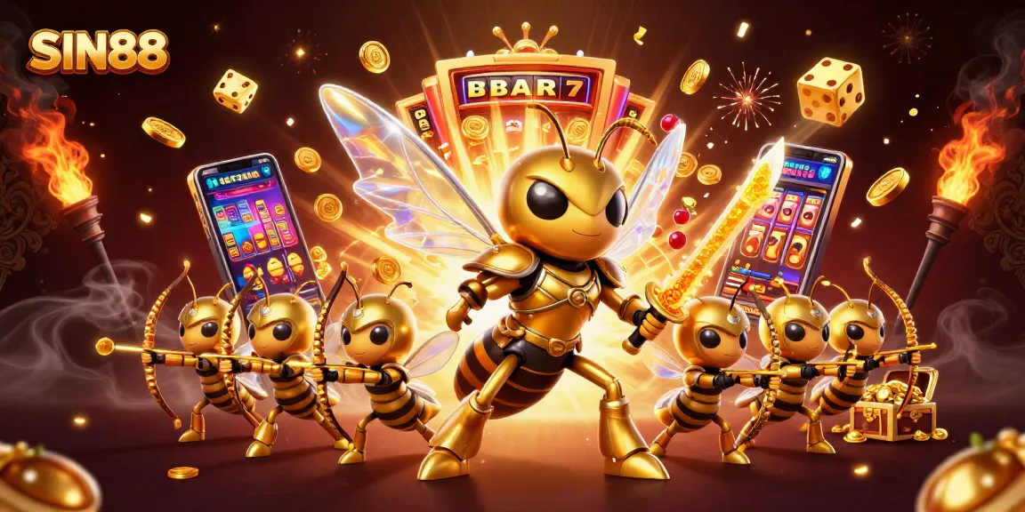 SIN88 game of chance with a dazzling golden hornet samurai and vibrant slot machine bursting coins