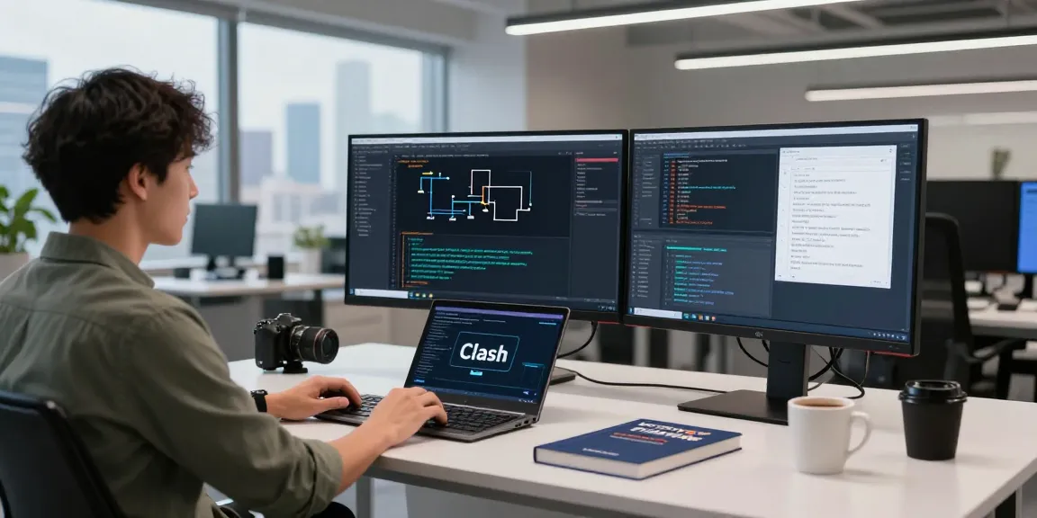 在clash官网环境中，开发者专注于网络应用的编码与路由配置，现代化的办公空间充满科技感。