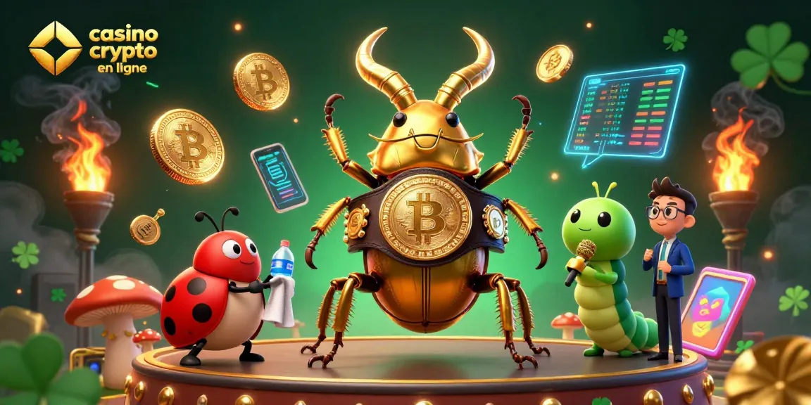 Plongez dans l'univers dynamique du casino crypto en ligne avec des personnages animés entourés de cryptomonnaies étincelantes.