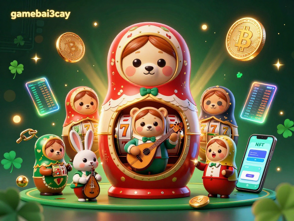 Engage with gamebai3cay's thrilling slots experience in a vibrant casino illustration featuring unique characters.