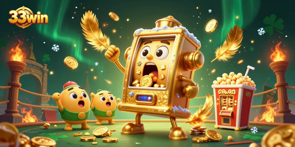 33win's thrilling jackpot celebration with a golden slot machine and exciting game elements.