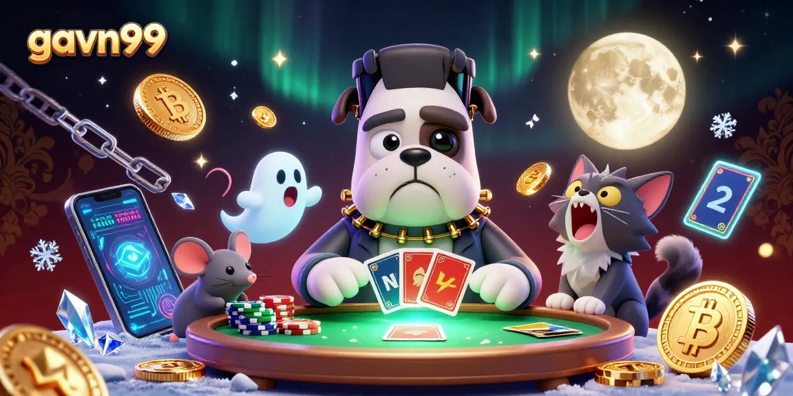 Witness the thrilling action at gavn99 casino with a cartoon bulldog dealer and vibrant gambling elements.