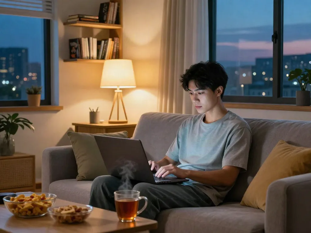 ZoeChip movie night scene with a young adult streaming films in a cozy living room.