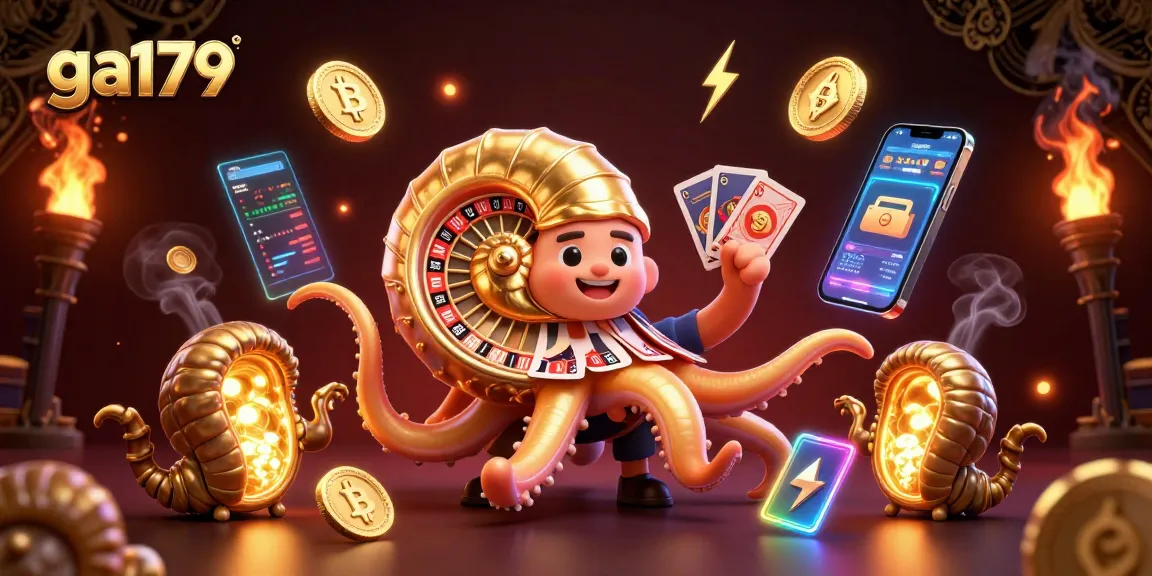 Experience thrilling gameplay at ga179 with a vibrant 3D casino scene featuring glowing crypto coins.