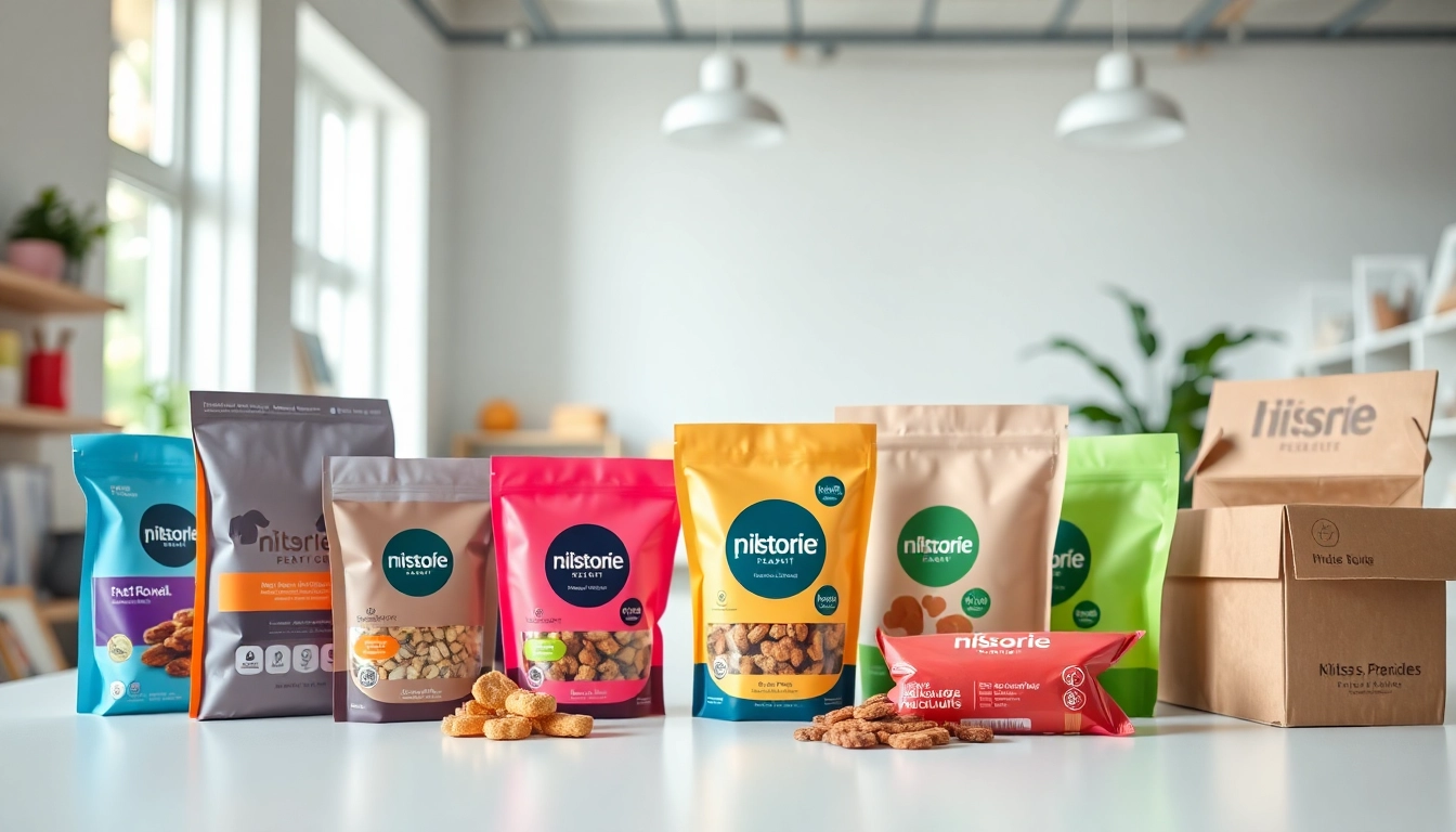 Showcasing colorful pet product contract packaging designs on a clean surface for better visibility.
