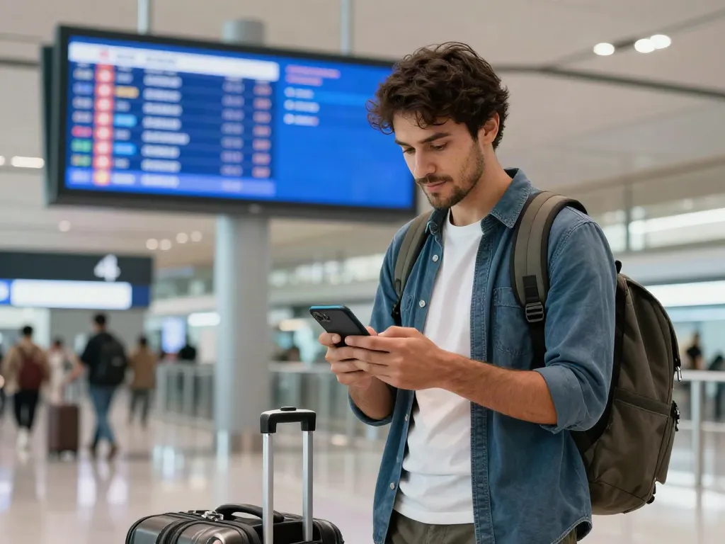 לקוח מתכנן חבילת Esim לחו"ל בשדה התעופה עם טכנולוגיות מתקדמות