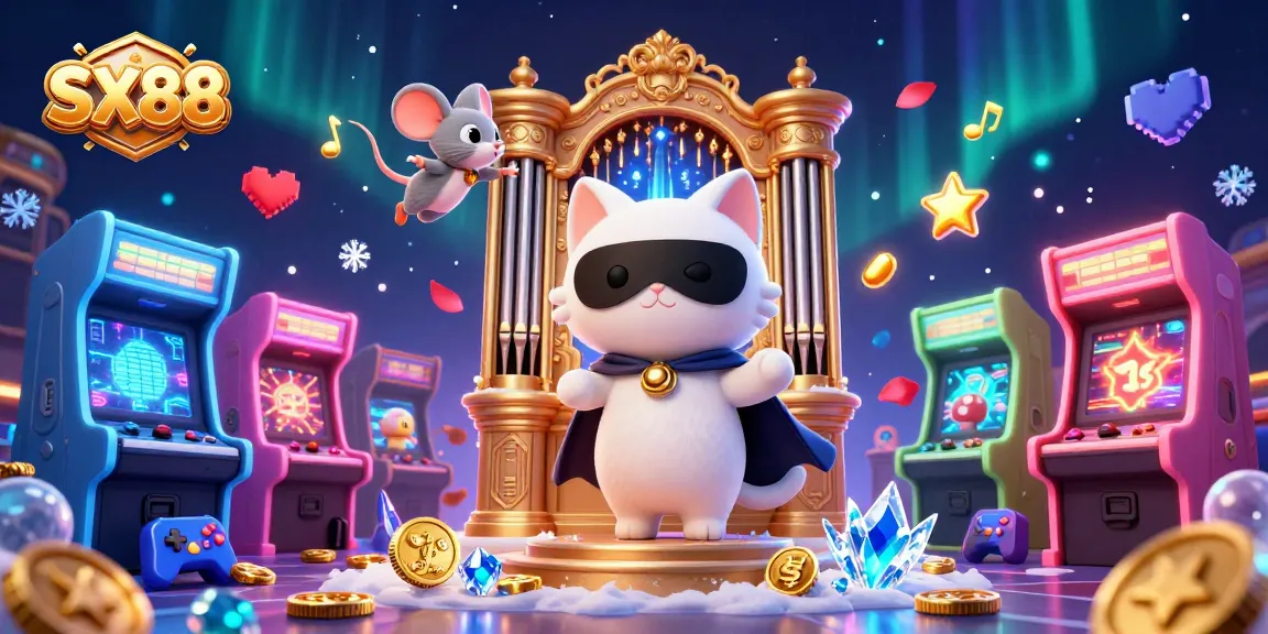 SX88 enchants players with engaging casino experiences featuring a whimsical white cat and a mouse acrobat.
