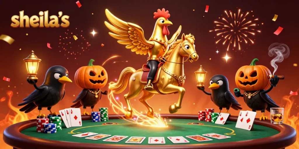 Experience sheila's lively casino scene with a glowing rooster and poker elements.