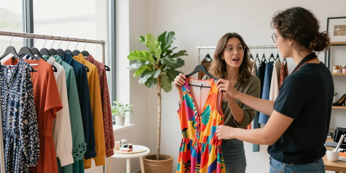 Consulenza d'immagine Milano: Stylist in action con cliente nella scelta di outfit personalizzati.