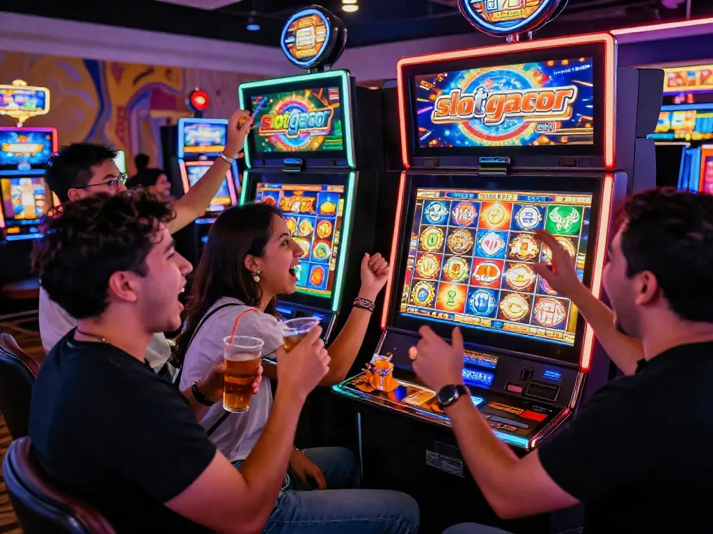 Friends celebrating a win at a "slot gacor" machine in a vibrant casino atmosphere with colorful lights.